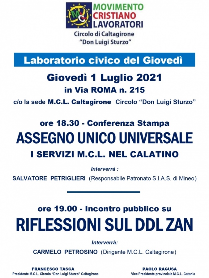 “Laboratorio civico del Giovedì” di M.C.L. Caltagirone, giovedì 1 luglio, da ore 18.30, presso la sede di via Roma 215